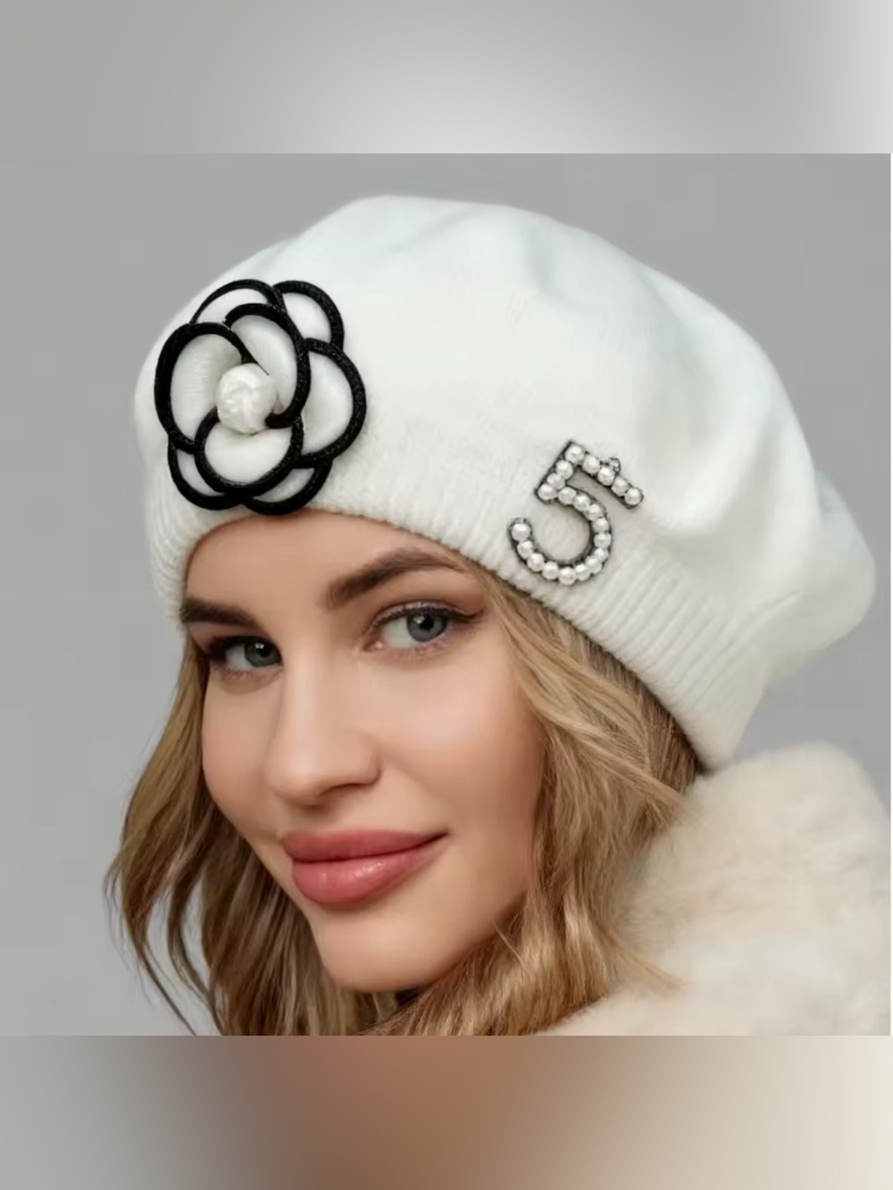 Elegant White Beret with Pearl '5' Accent and Black Flower Detail